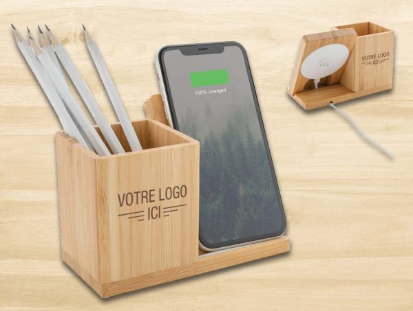 Pot à crayon en bois naturel avec chargeur à induction pour smartphone